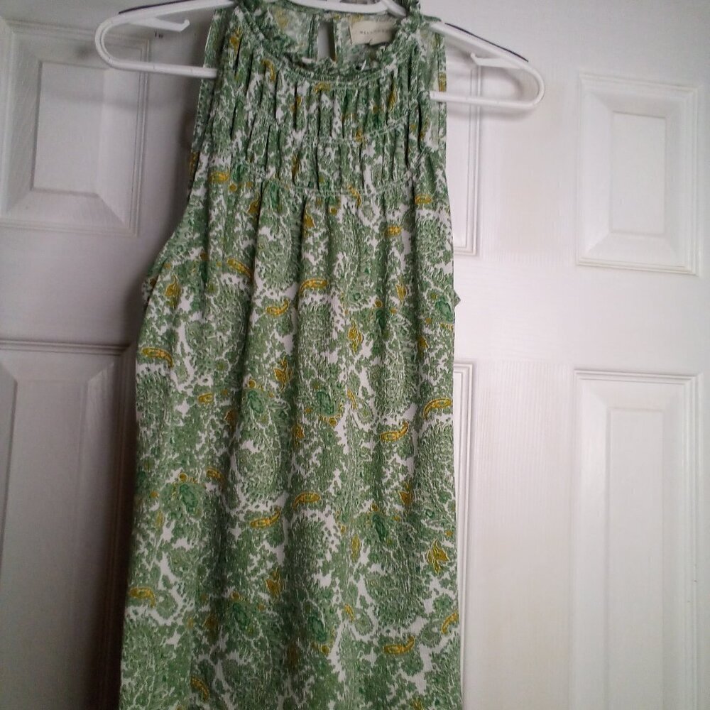 Melloday Shirt Women M Sleeveless Smock Neck Soft Stretch Paisley Green